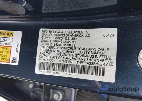 2024 Honda Accord Ex from USA, damaged, VIN 1HGCY1F39RA064768